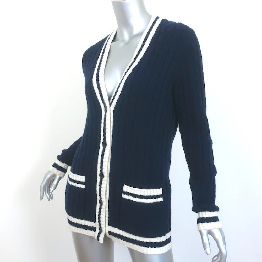 Saint Laurent Cashmere Cable Knit Cardigan Navy Size Small V-Neck Sweater - Picture 3 of 10